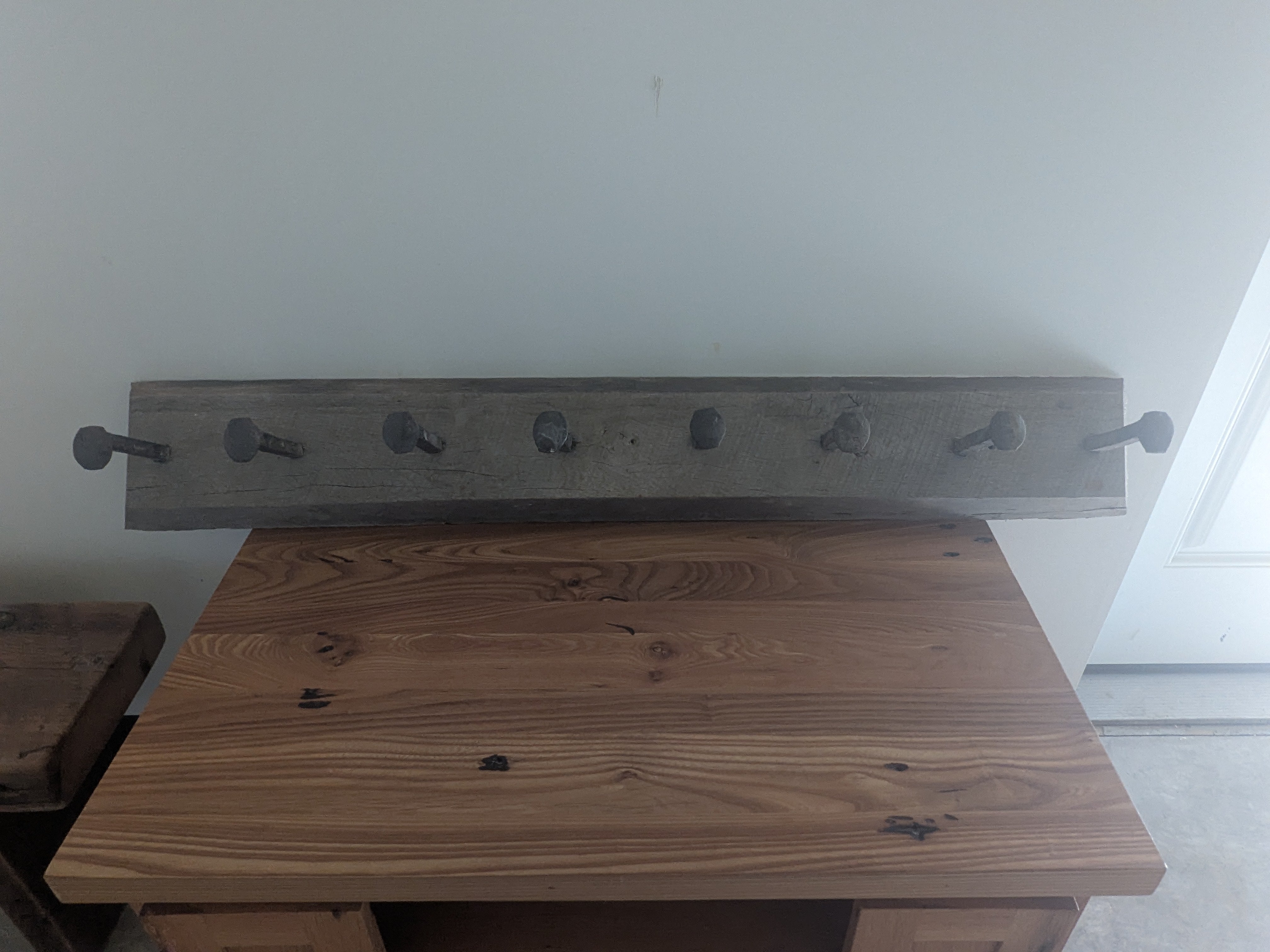 Hand-Hewn Reclaimed Timber Coat Rack with Forged Railroad Spike Hooks
