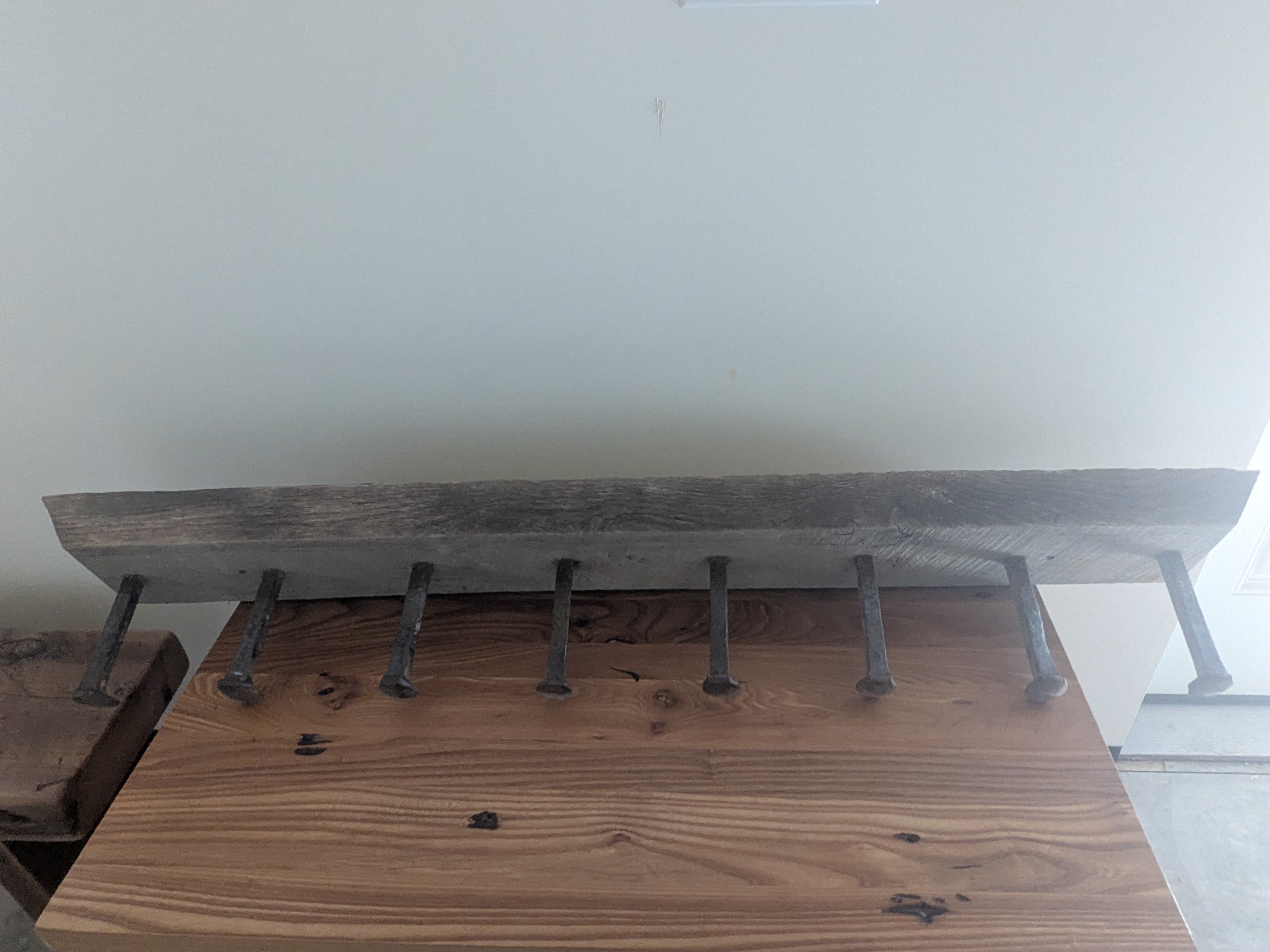 Hand-Hewn Reclaimed Timber Coat Rack with Forged Railroad Spike Hooks
