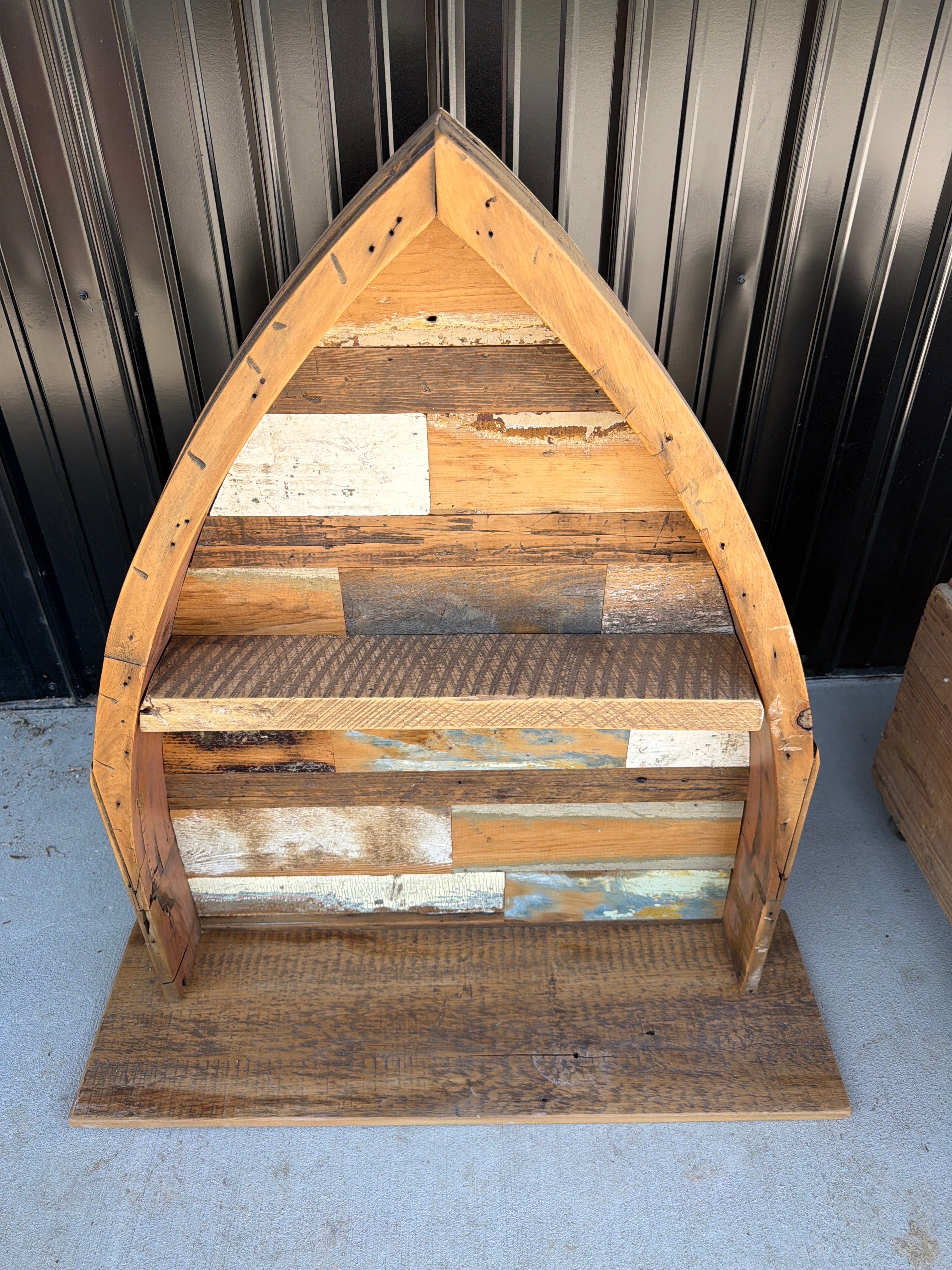 Heritage Canoe Bow Display Shelf with preserved character and authentic patina by Restoration Hardwood.