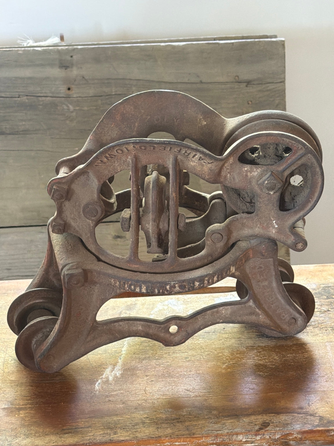 Louden Cast Iron Hay Carrier from Restoration Hardwood with preserved heritage character