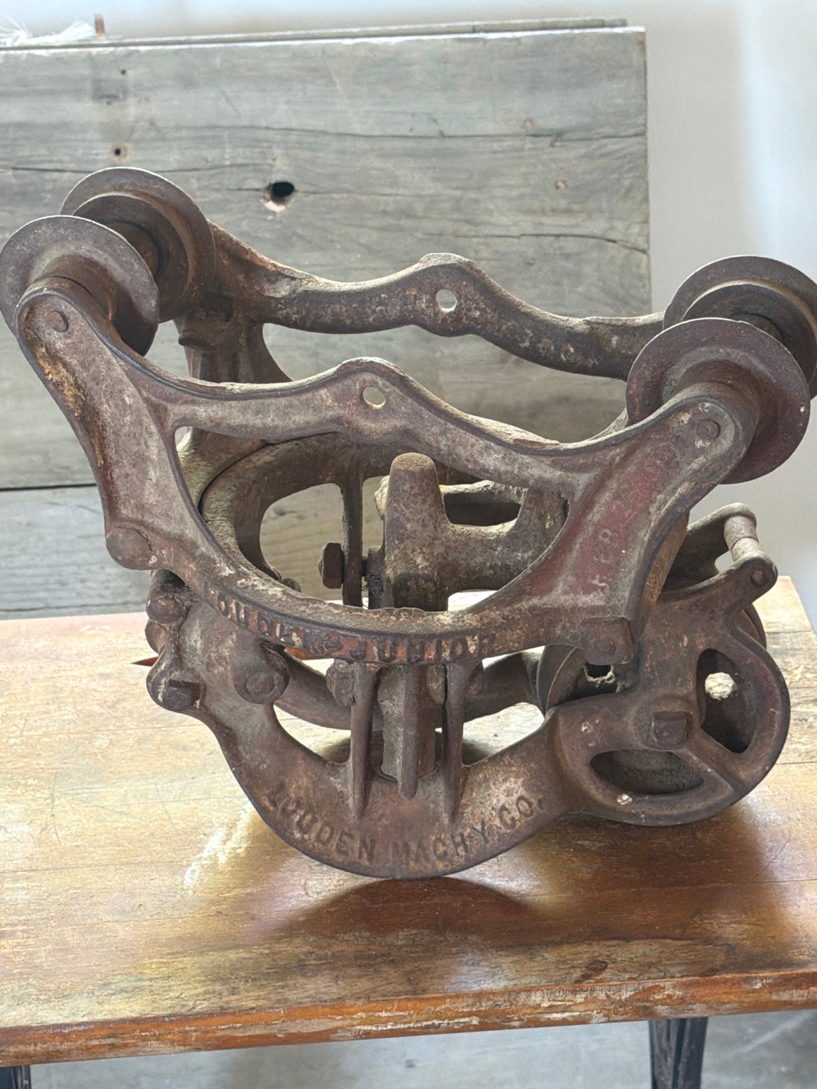 Louden Cast Iron Hay Carrier from Restoration Hardwood with preserved heritage character